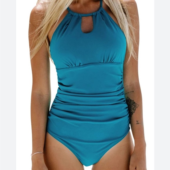 NWT Cupshe Blue One-Piece Swimsuit Size M crisscross open back tummy control - Picture 1 of 6
